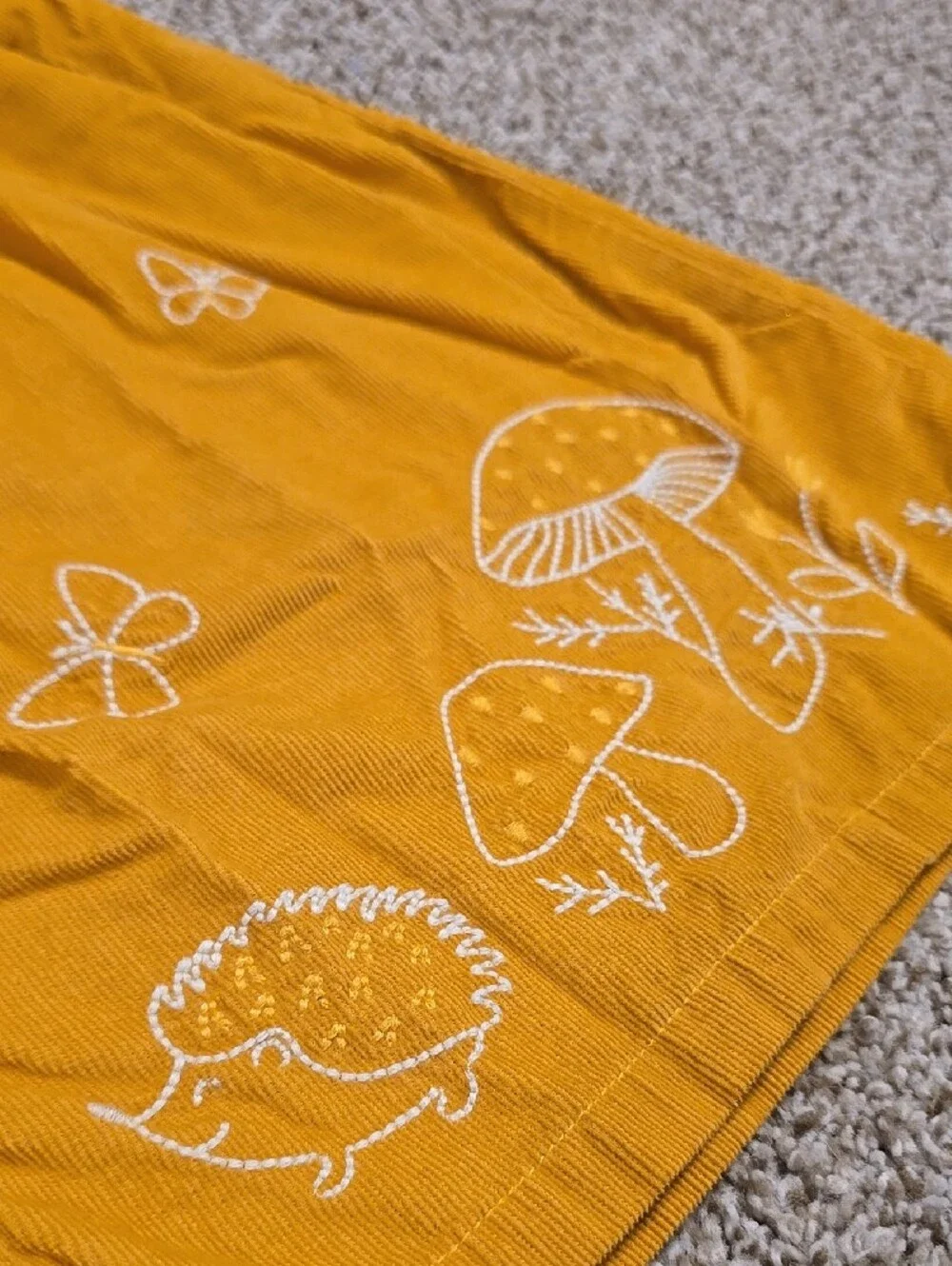 Girls' Mustard Yellow, Corduroy, Button-Front Dress with Woodland Embroidery 🦔